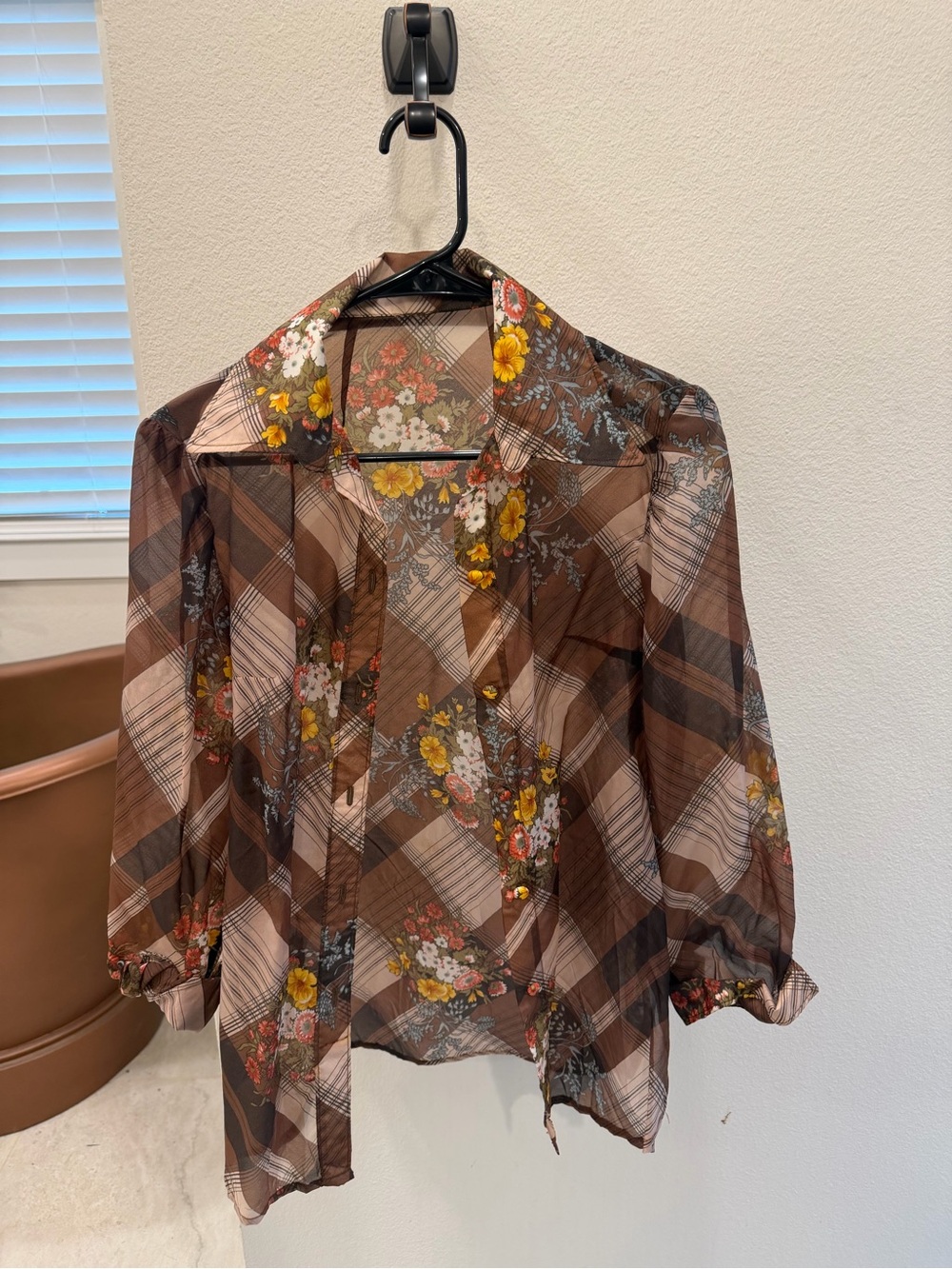 Sheer Brown Floral Plaid Button-Up Women's Top